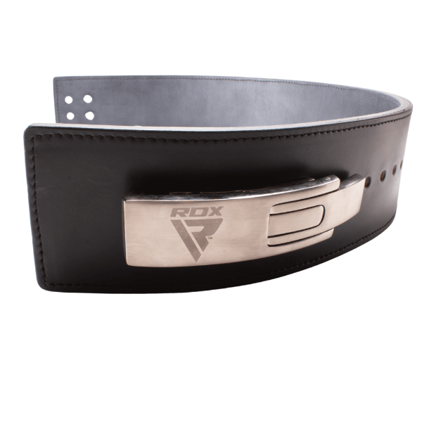 Cinturón de powerlifting de cuero con hebilla de palanca, dos banderas de España la palabra bodybuiding imagnen de la hebilla