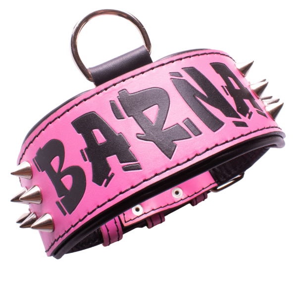 Collar de cuero para perros grandes, pitbull, american bully, rottweiler y similares. Este modelo es específico para perros hembra. De color rosa y negro, lleva unos conos metálicos decorativos. Se puede personalizar con el nombre.