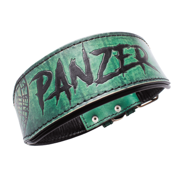 Collar de cuero para perros grandes, pitbull, american bully, rottweiler y similares. De color verde y negro. Se puede personalizar con el nombre