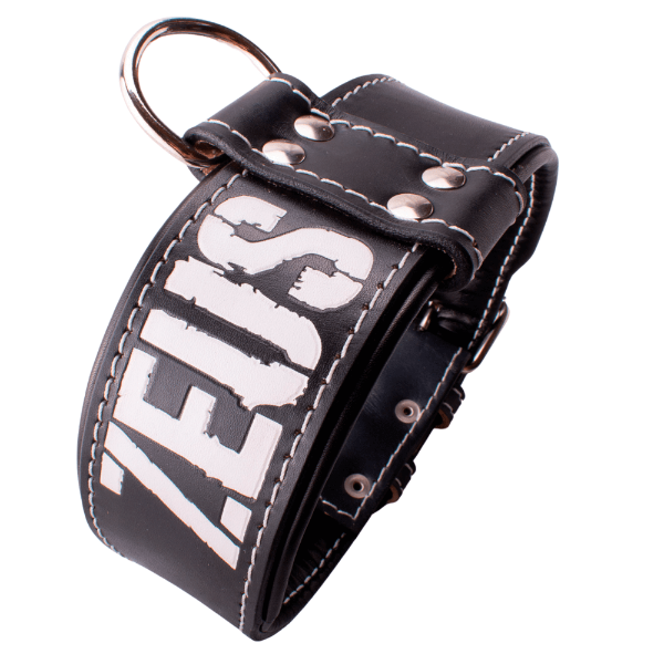 Collar de cuero para perros grandes, pitbull, american bully, rottweiler y similares. De color negro y con el nombre blanco en un lateral
