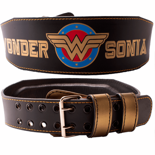 Cinturón de gimnasio para mujer con el emblema de Wonder Woman.