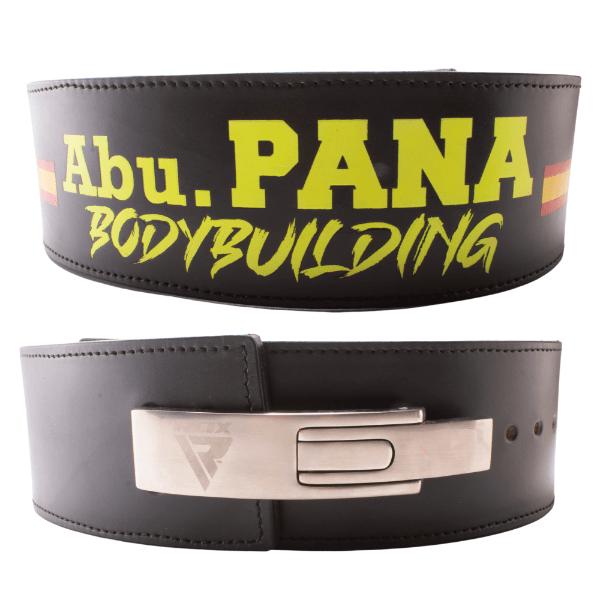 Cinturón de powerlifting de cuero con hebilla de palanca, dos banderas de España la palabra bodybuiding personalizable