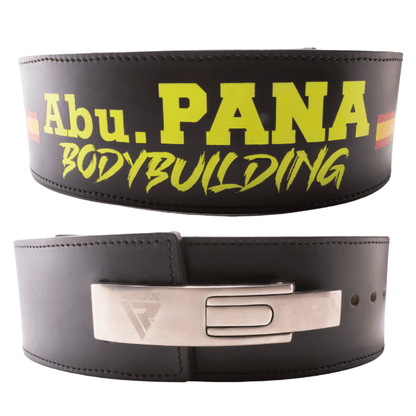 Cinturón de powerlifting de cuero con hebilla de palanca, dos banderas de España la palabra bodybuiding personalizable