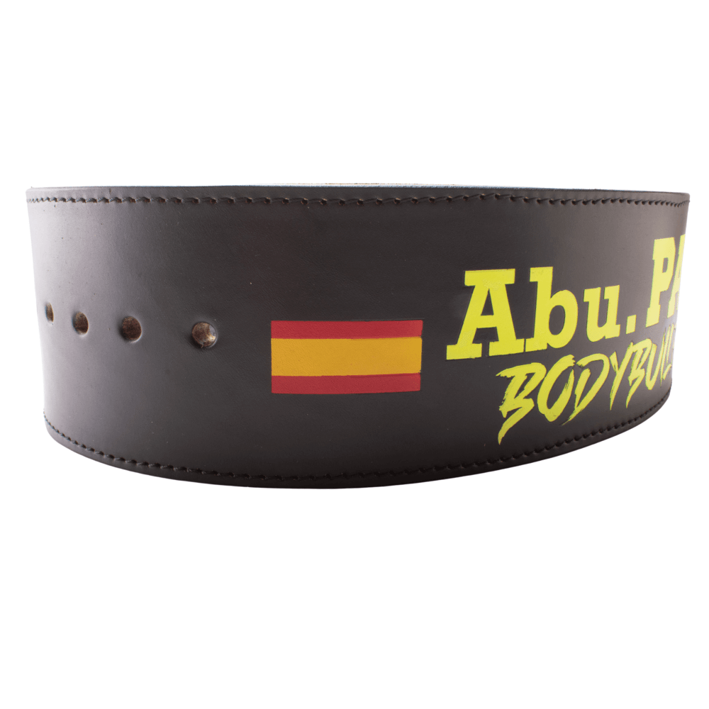 Cinturón de powerlifting de cuero con hebilla de palanca, dos banderas de España la palabra bodybuiding personalizable imagen del lado izquierdo
