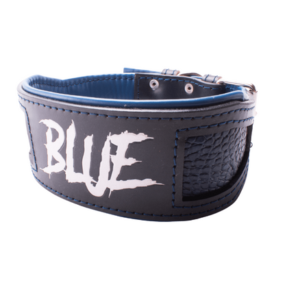 Collar de cuero para perros grandes, pitbull, american bully, rottweiler y similares. Este modelo combina los colores blanco y azul y se fabrica combinando dos texturas de cuero. Se puede personalizar con el nombre