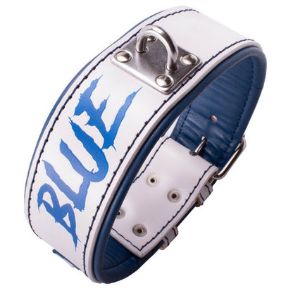 Collar de cuero para perros grandes, pitbull, american bully, rottweiler y similares. Este modelo combina los colores blanco y azul. Se puede personalizar con el nombre que va de color azul en un lateral.