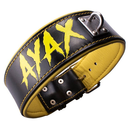 Collar de cuero para perros grandes, pitbull, american bully, rottweiler y similares. Este modelo es de color negro y amarillo y se puede personalizar con el nombre  del perro que va grabado en un lateral.