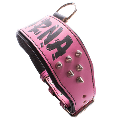 Collar de cuero para perros grandes, pitbull, american bully, rottweiler y similares. Este modelo es específico para perros hembra. De color rosa y negro, lleva unos conos metálicos decorativos. Se puede personalizar con el nombre. Imagen del collar visto desde el lado derecho.